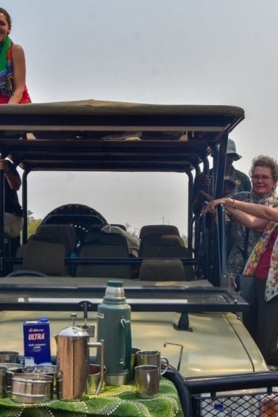 The Journeys with Purpose crew enjoying a game drive in Gorongosa National Park | © Emily Scott/ Blue Sky Society