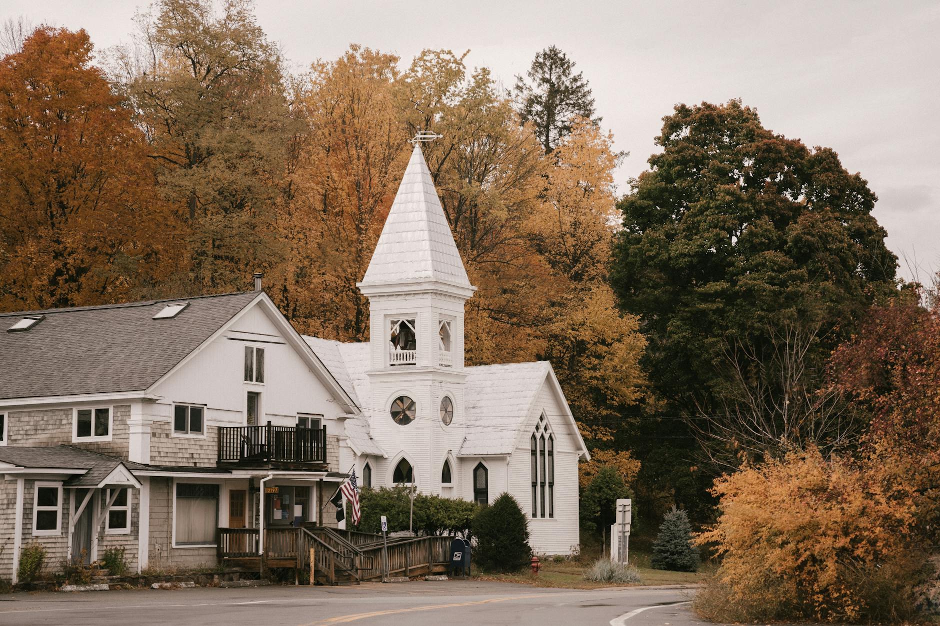 exterior of modern cottage surrounded with autumn trees